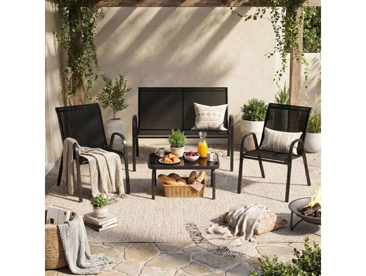 Ensemble de mobilier de jardin - Ensemble 4 pièces - Structure métal - Plateau en verre trempé - Gris