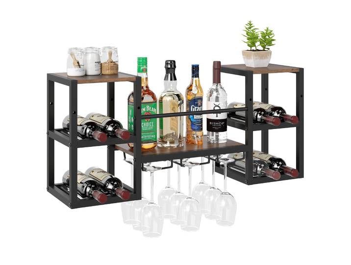 Porte-vin mural, porte-bouteilles pour 8 bouteilles et 9 verres à vin, étagère murale en bois avec cadre en métal