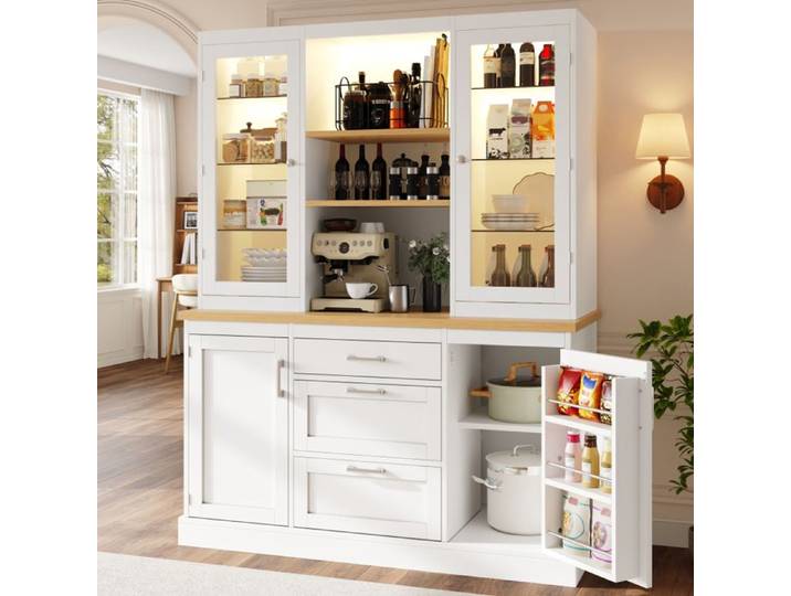 Piaenon - Buffet de Cuisine 140x40x185 cm avec LED 4 Portes 3 Tiroirs Plan de Travail Étagères Réglables Design Moderne - Blanc