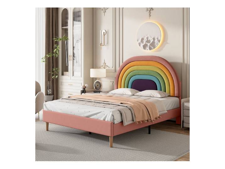 Flieks Polsterbett, Kinderbett mit verstellbarem Regenbogen-Kopfteil 140x200cm Samt