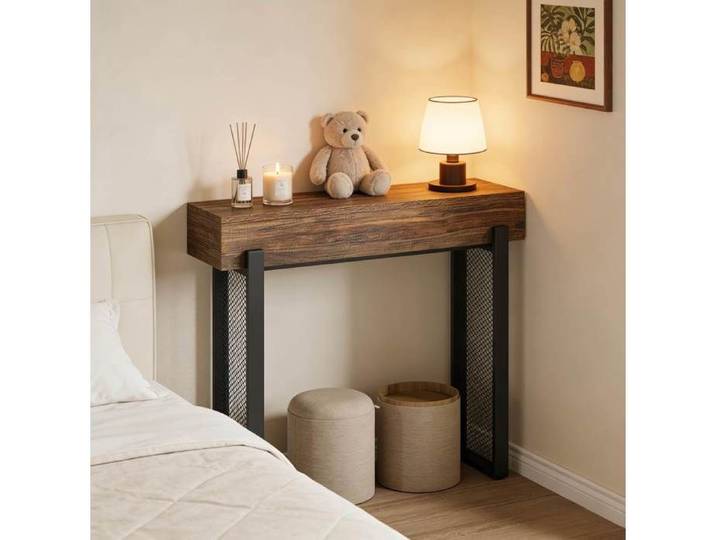 WOVREO table console etroite 105 x 30 x 80 cm style industriel avec rangement cache MDF et metal noir marron rustique
