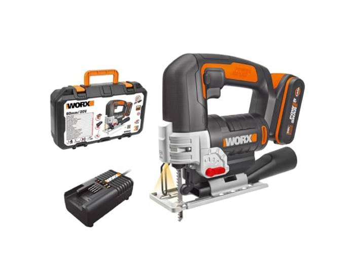 WORX Scie sauteuse sans fil 20V WX543 Coupe jusqu'à 80 mm\, 4 positions pendulaires\, changement de lame sans outil et PowerShare