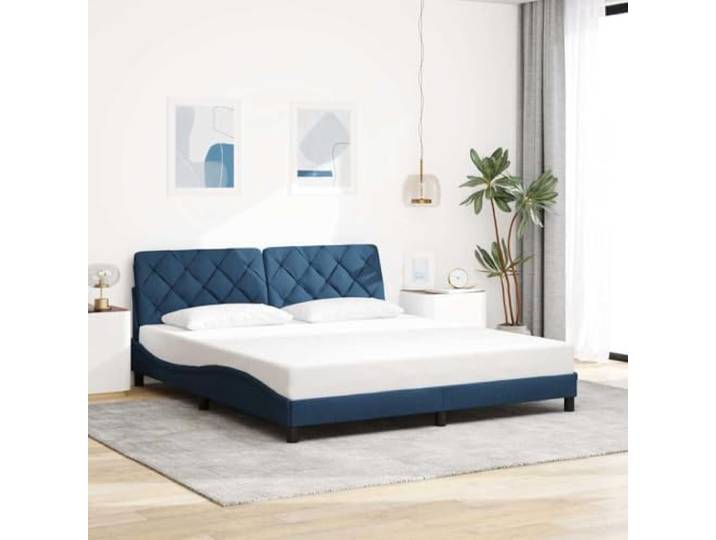 Bettgestell Blau 180 x 200 cm aus Stoff mit Latten und Kopfteil Stoff aus 100 % Polyester, inklusive Lattenrost, gepolstertes Kopfteil, Klettverschlüsse, Wellendesign, Schlafzimmer