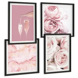 BILDER SET 4er Set - 50x50 cm & 40x60 cm Schwarzer Rahmen - Rosen, Champagner, Marmor, Pastell