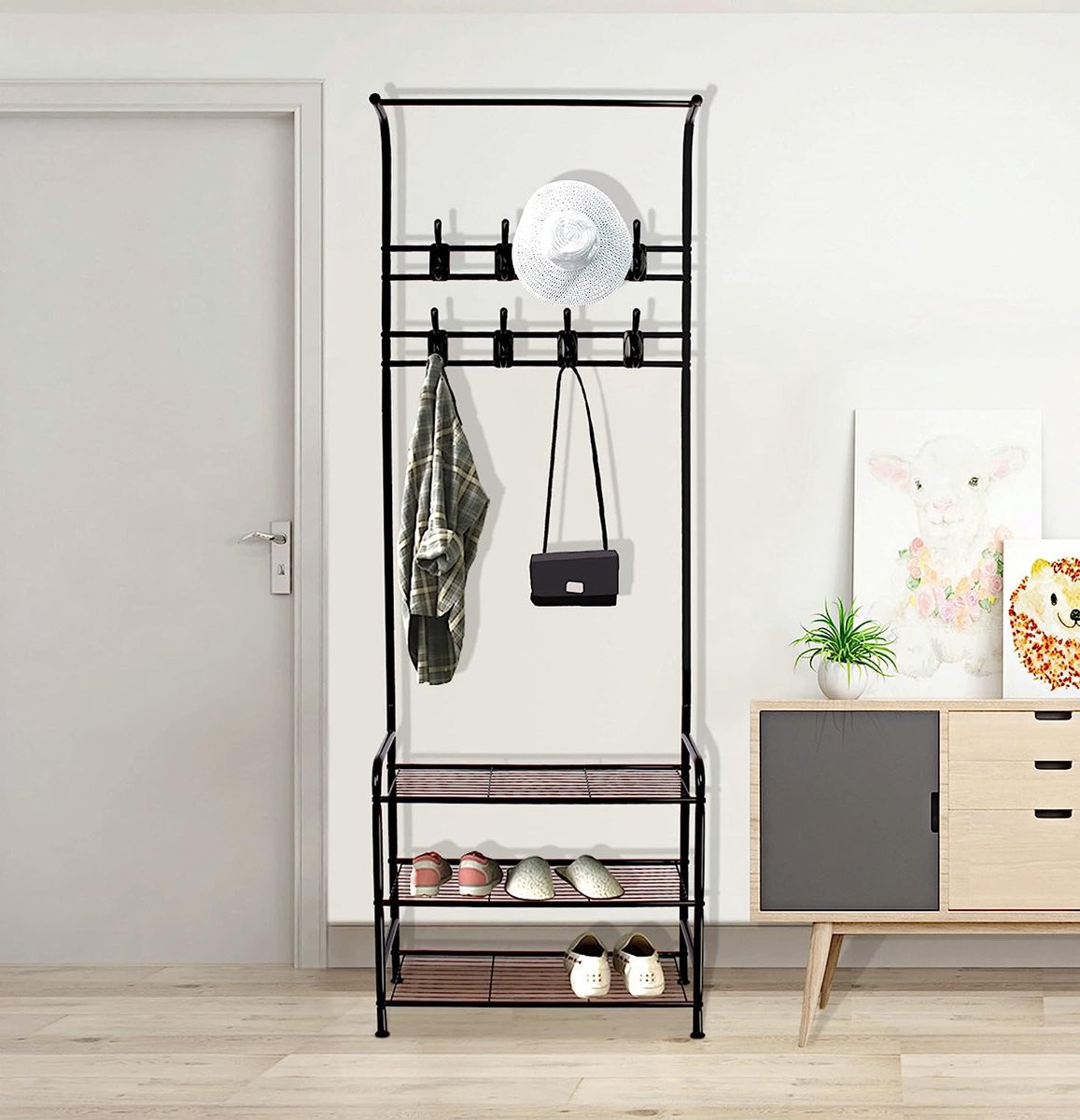 3-in-1 Kapstok met kledingstang, 3-laags schoenenrek en afneembare haken, zwart