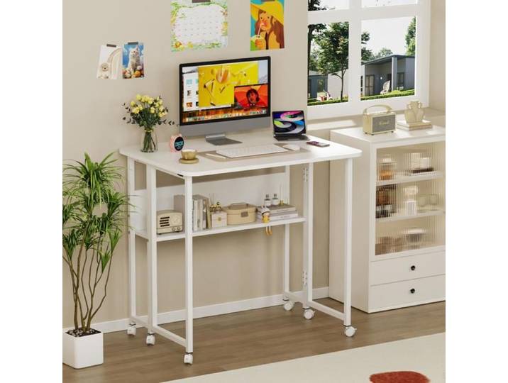 MIPAN Bureau D'ordinateur Roulant Et Pliable Plateau Effet Blanc Table De Travail Multifonction 80 × 58 × 75 CM