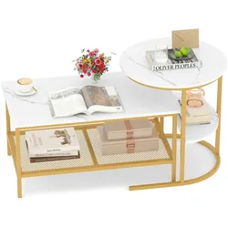 COSTWAY 2er Set Couchtisch, Marmor-Optik mit Metallrahmen & Ablage, Gold und Weiß