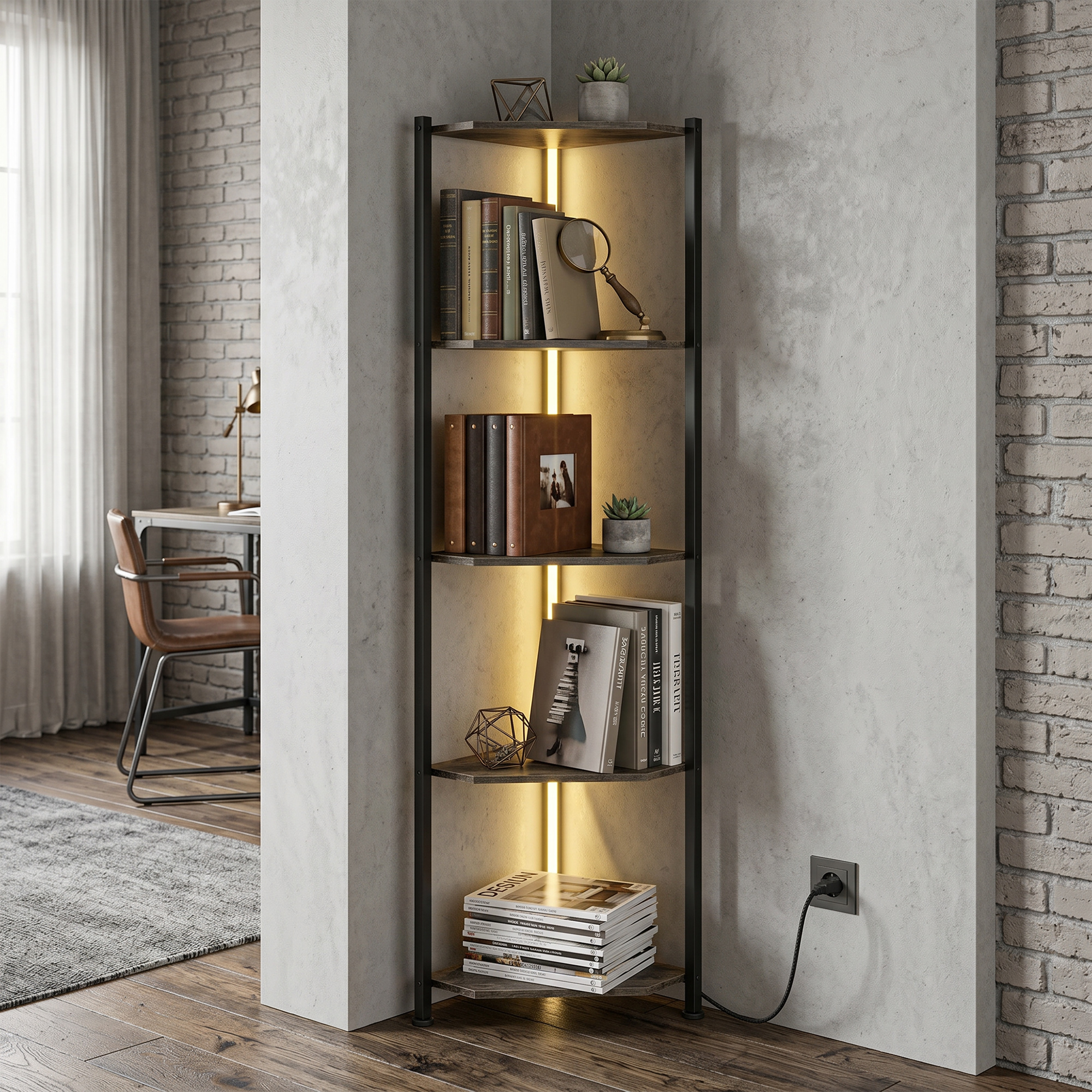 Homcom Libreria Angolare a 5 Ripiani con Illuminazione LED per Soggiorno, Camera da Letto, Ufficio, Rustico Marrone   Aosom Italy