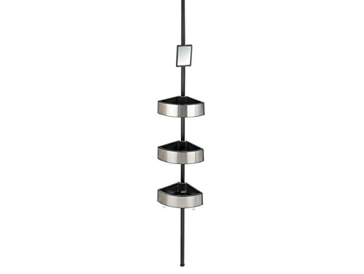 WENKO Teleskop Duschecke Premium Big Black, ausziehbares Badregal mit 3 Ablagen, 2 Haken & Spiegel, rostfreies Duschregal aus massivem Aluminium und Kunststoff, 27,5 x 70-260 x 20 cm, Silber/Schwarz