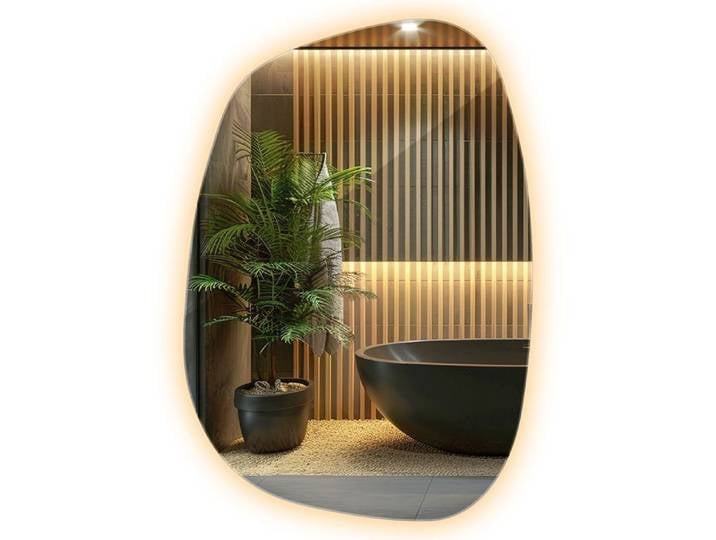 Miroir mural LED asymétrique DecorTapis forme organique moderne avec éclairage chaud salle de bain – 49x34 cm
