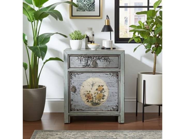 OPIUM OUTLET Chinesisches Nacht-Schränkchen asiatischer Nachttisch Kleiner Nacht-Schrank orientalische Schlafzimmer-Kommode Konsole Shabby-chic hellgrau, komplett montiert