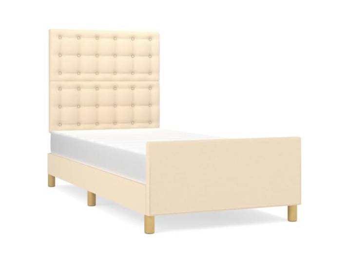 PUGYNBK Bettgestell mit Kopfteil aus cremefarbenem Stoff, 90 x 190 cm Höhenverstellbar, robuste Beine, Holzleisten, atmungsaktiv, langlebig