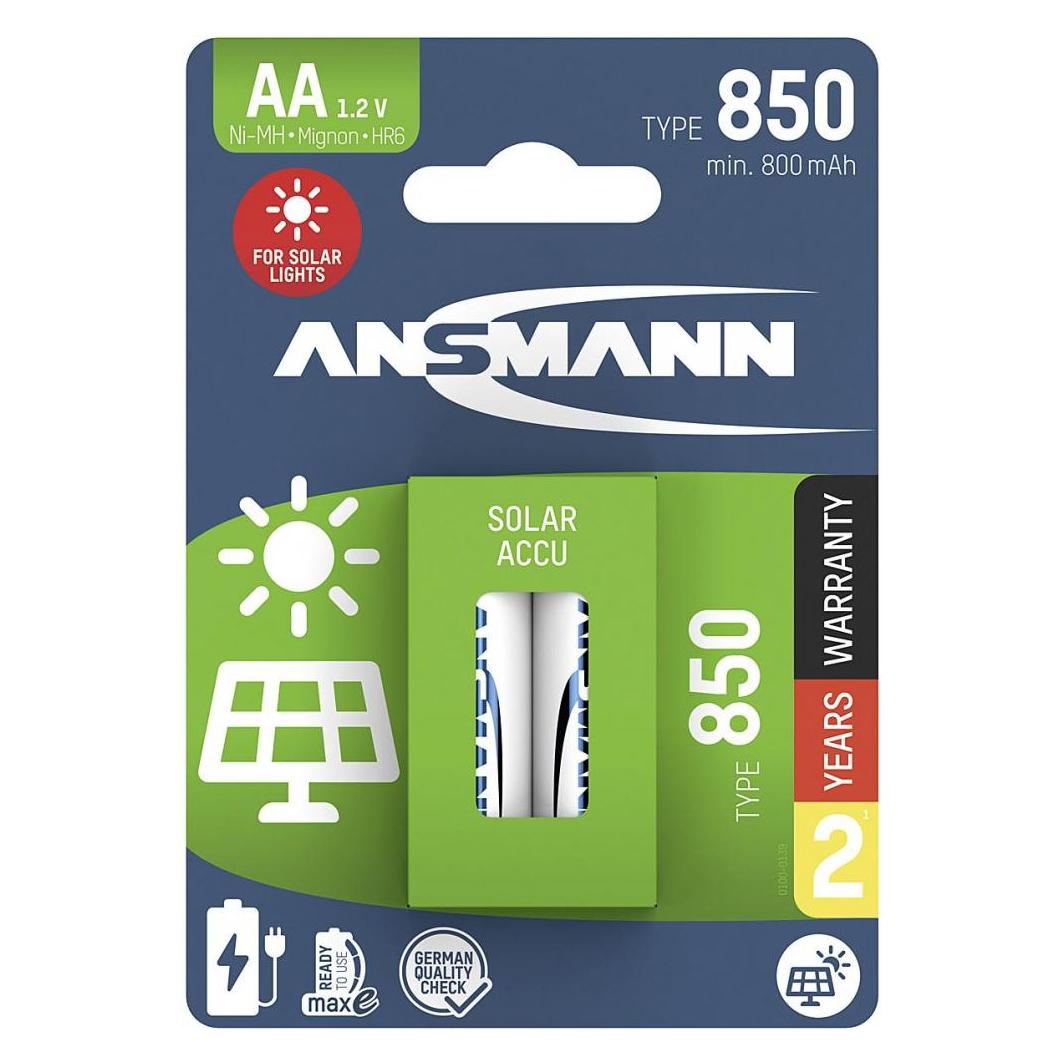 Ansmann Solar NiMH Akku Mignon AA Typ 850 (min. 800 mAh) maxE (2 Stk., AA, 800 mAh) (ANSMANN)