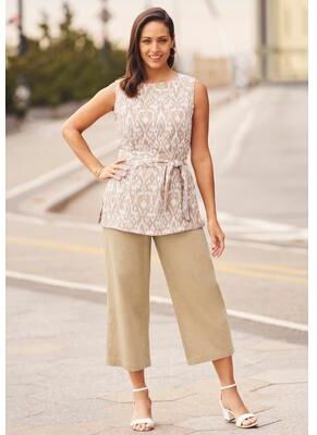 Plus Size Women's 2-Piece Linen Capri Set by Jessica London in New Khaki Tribal (Size 20) Washable Rayon Linen Blend