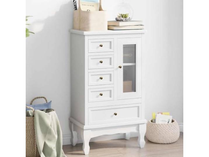 smnyxs Schrank mit 5 Schubladen und 2 Einlegeböden, Weiß Antikes Design, MDF und Kiefernholz, weiß lackiert, Büro, Wohnzimmer, Schlafzimmer, Flur