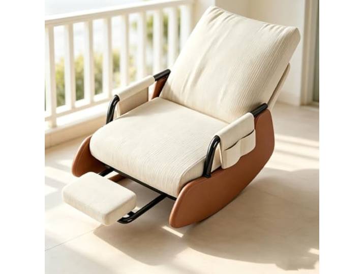 LCNDKF Schaukelsessel Modern - mit Gepolsterten Armlehnen Ergonomischer Schaukelstuhl mit ausziehbarer Fußstütze und Seitentasche für tägliche Entspannung.