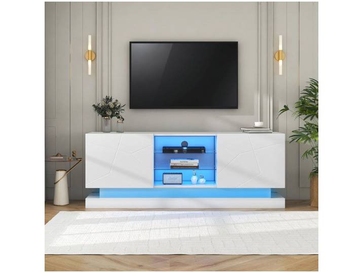 Meuble TV 160 cm 2 Portes Étagère en Verre Réglable et Passe-Câbles - MODENVIE - Blanc Mat 160×38 5×60 cm