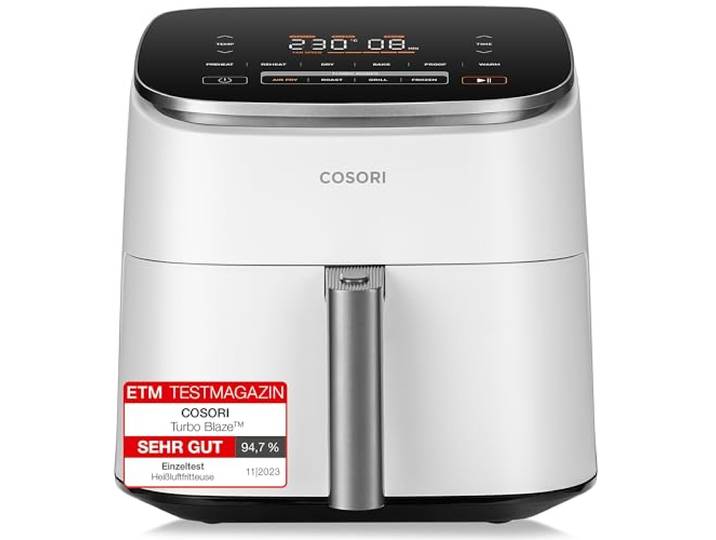 Cosori Turboblaze Heißluftfritteuse Airfryer, 9-in-1 Air Fryer XXL 6L, leiser DC Motor mit 5 Geschwindigkeitsstufen, Grillen, Backen, Gären, Dehydrieren, 87 Rezepte, 64% energiesparend, Weiß