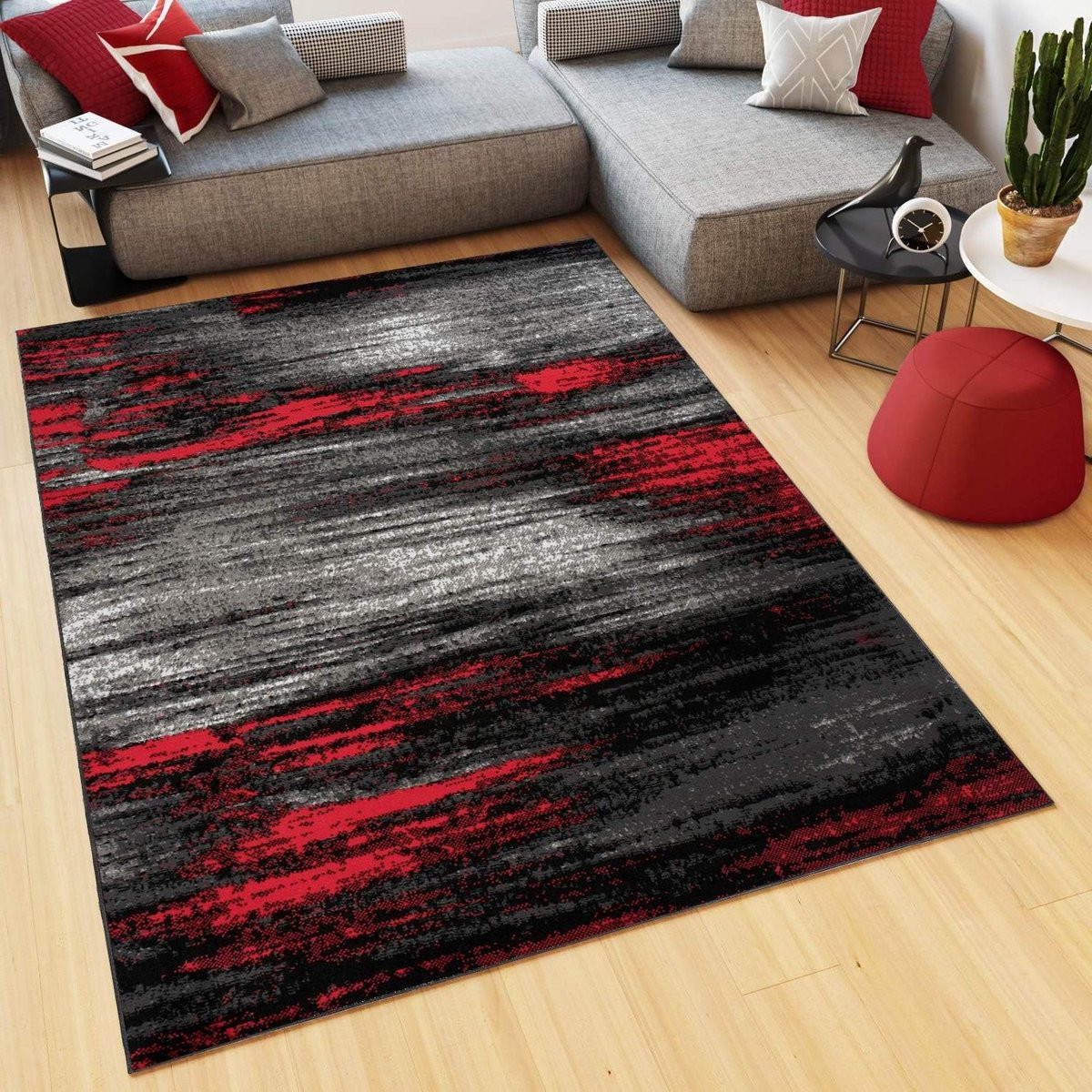Modern Vloerkleed Gestreept Donkergrijs Rood 200 x 200 cm