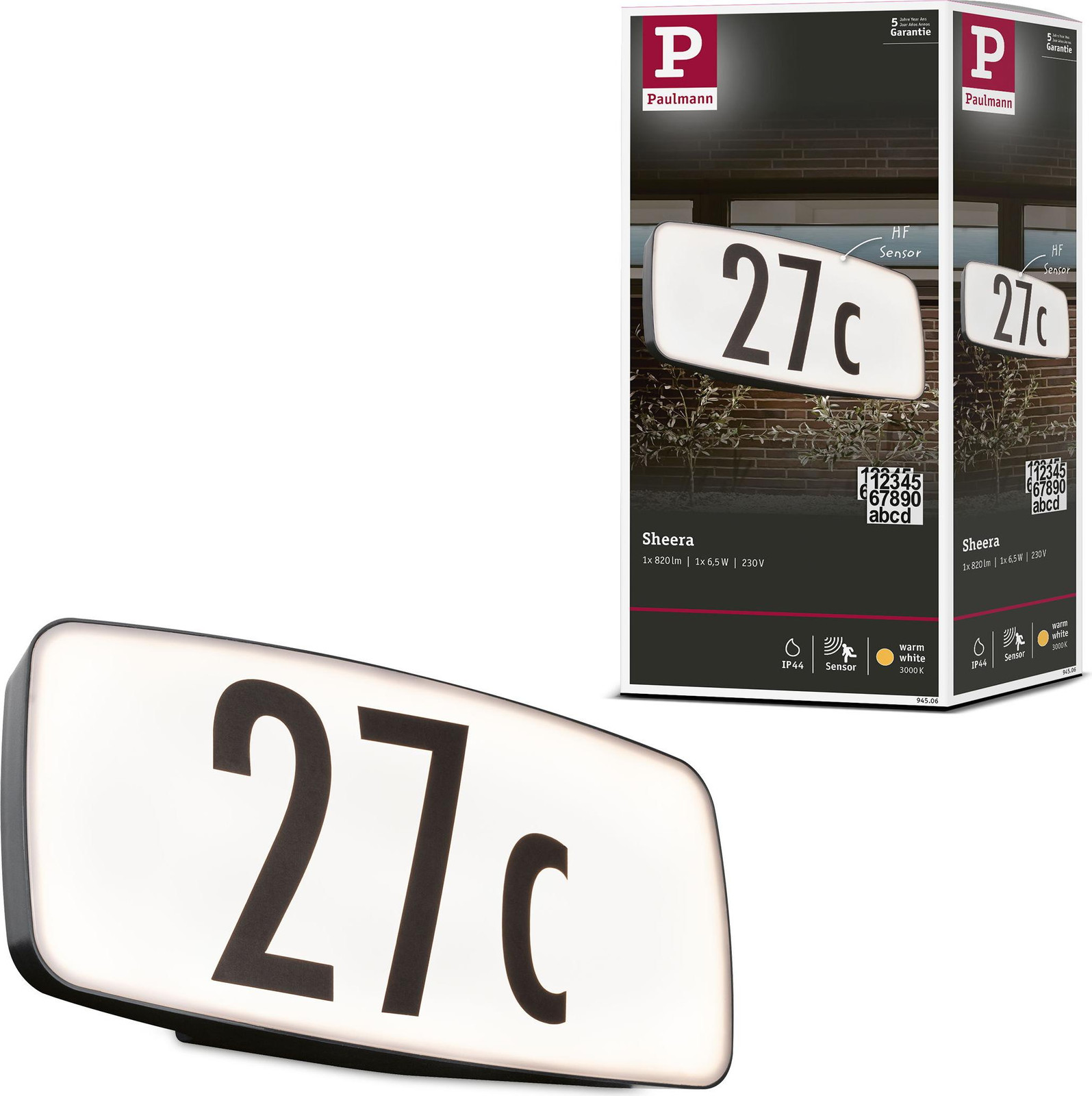 Paulmann LED huisnummerlamp Sheera met schemersensor en bewegingsmelder, zeewaterbestendig