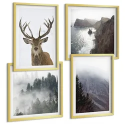 BILDER SET 4er Set - 50x50 cm & 40x60 cm Goldrahmen - Berglandschaft Nebel Hirsch