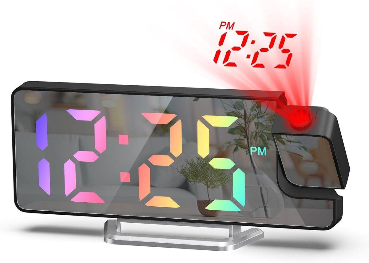 PolkaHome Digitale Wekker met Projectie en LED Spiegelklok met 180 graden Roteerbare Projectie en Nachtmodus