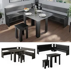 Vicco Eckbankgruppe Küchensitzgruppe Esszimmergruppe Roman Schwarz modern 210x210 cm Sitzbank Sitzecke Küchentisch Tischhocker Küchenmöbel Polstermöbel Esszimmermöbel