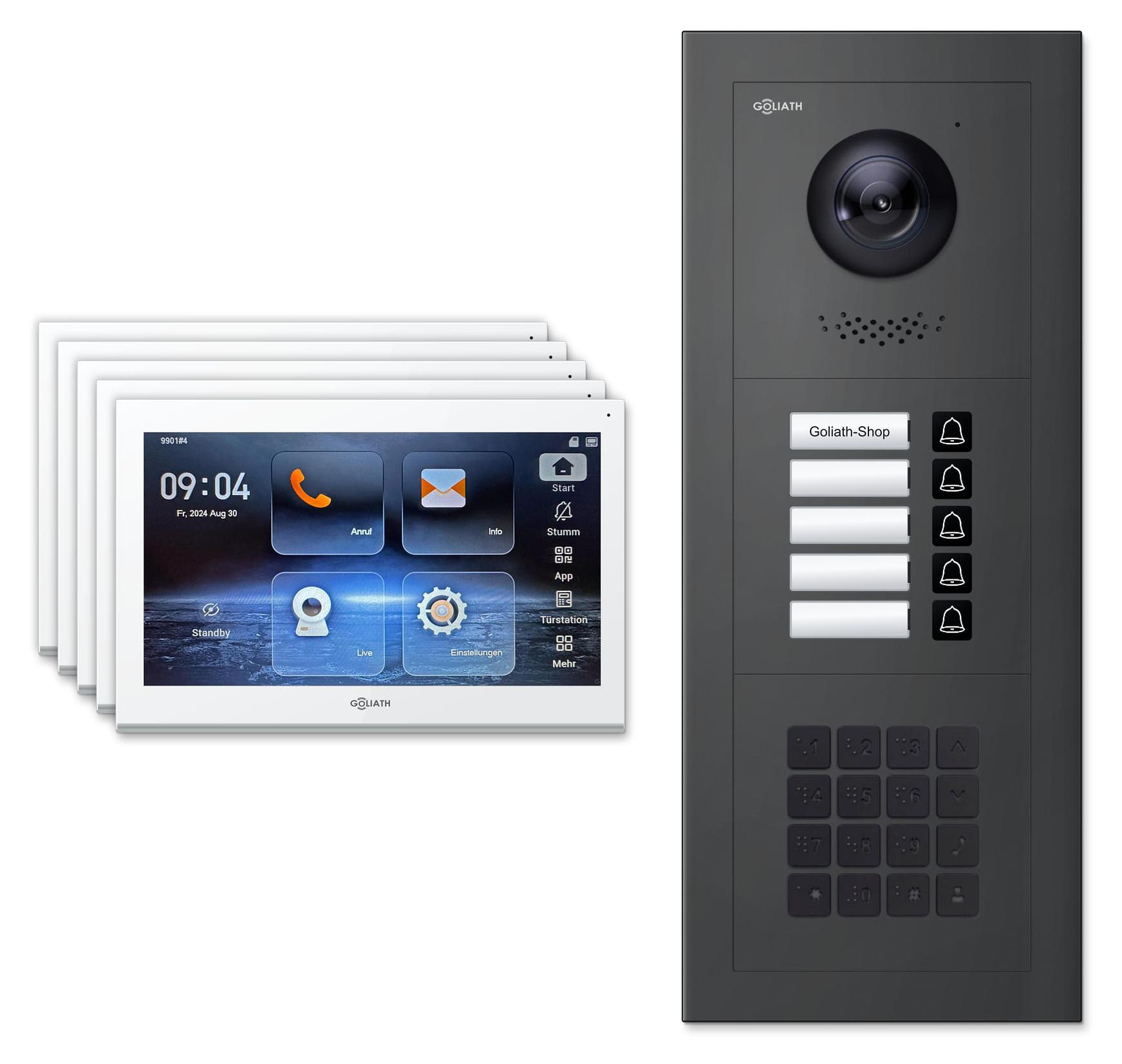 Goliath Premium IP GL-IPH520A Video-Türsprechanlage, 5 Familien, 5× 10 Zoll Weiß, Anthrazit, Unterputz