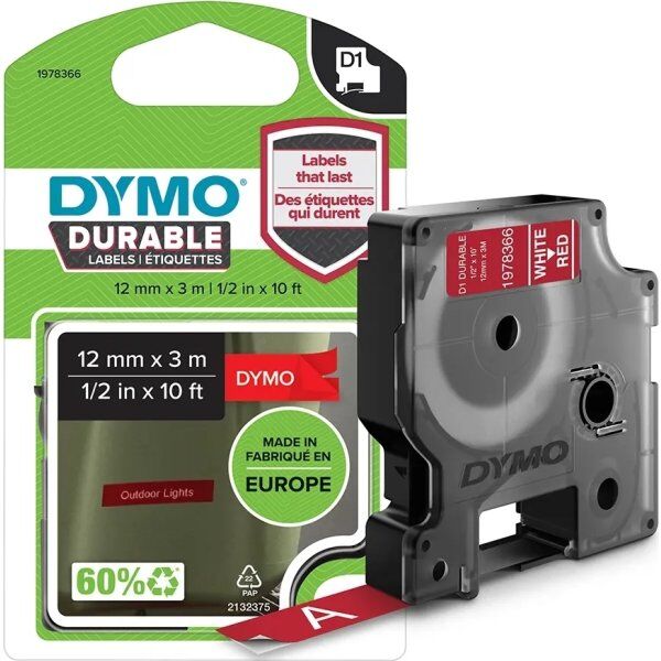 Dymo D1 Durable Labeltape 12mm, Hvid På Rød