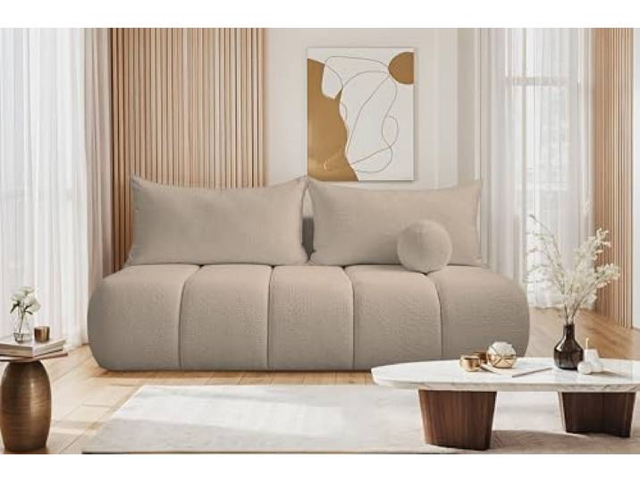 Kaiser Möbel - Sofa mit Schlaffunktion und Bettkasten, Schlafsofa mit Bettzeugbehälter, Wohnlandschaft, Klappsofa, Relaxsofa, Polstersofa, Zierkissen, Bequemes Couch für Wohnzimmer, Piano, Beige