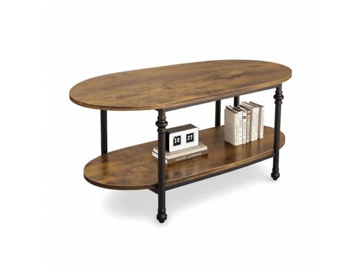 GarveeMore Ovaler Couchtisch mit 2 Ablagen – Industrie-Stil Holz-Metall-Kombination, offenes Regal & römische Säulenbeine – klassisch