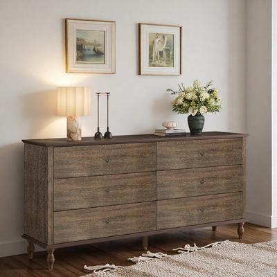 ZWYO HOSIMU "63"" Wide Wood 6-Drawer Double Dresser with Copper Handles and Roman Column Legs"