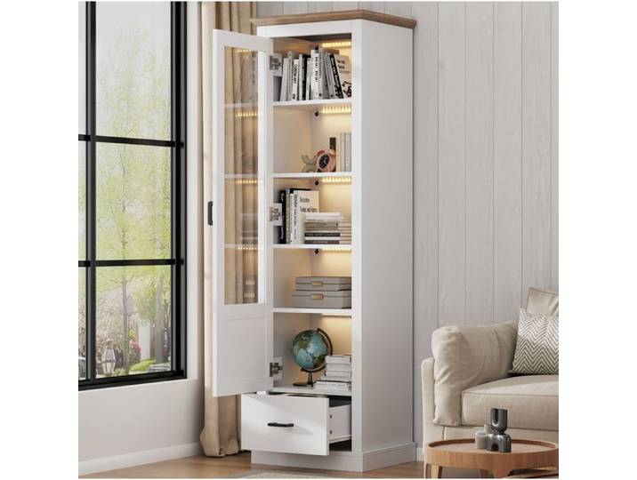 Vitrine haute LED USB 178 cm blanche mate porte en verre trempé 5 espaces et 1 tiroir