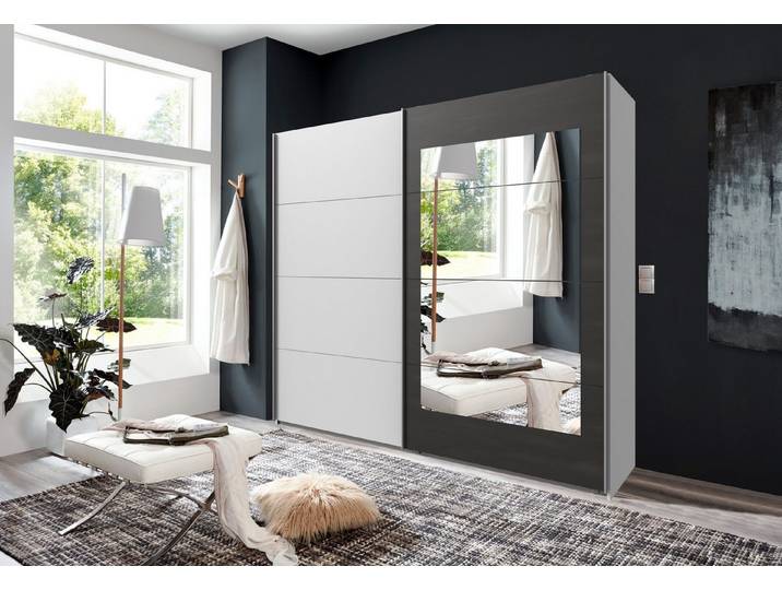 freiraum Schwebetürenschrank Minden in WEISS + RAW STEEL - 225x208x65cm (BxHxT)