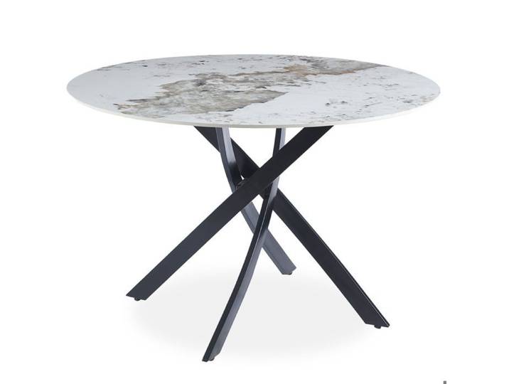 MOSAIKASA Table ronde Bangui 120cm Céramique effet marbre Blanc et pieds croisés Métal Noir