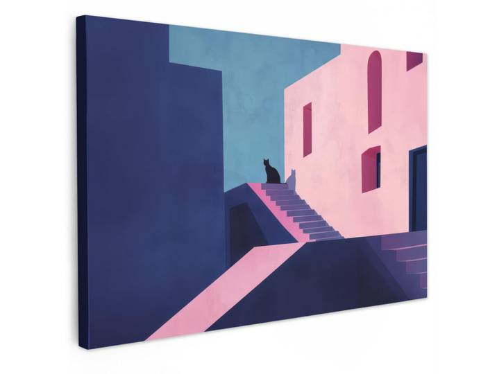 MuchoWow Leinwandbild - Katze - Treppe - Gebäude - Schattenkontraste - 120x80 - Kunstdruck, Dunkelblau, Textil, Kiefer, Abstrakt, Rechteckig, 120x80 cm, gerahmt, Bilder & Rahmen, Bilder, Wandbilder