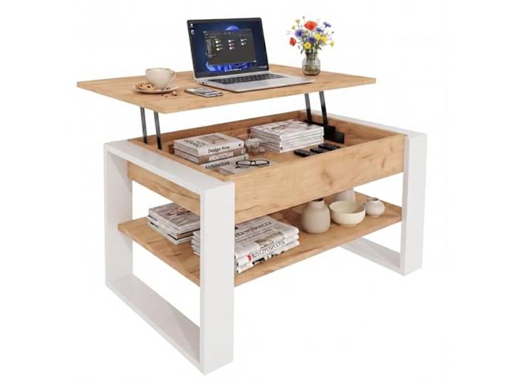 CraftPack Wohnzimmertisch 92 cm mit Liftfunktion und Stauraum Moderner Couchtisch Eiche Craft/Weiß