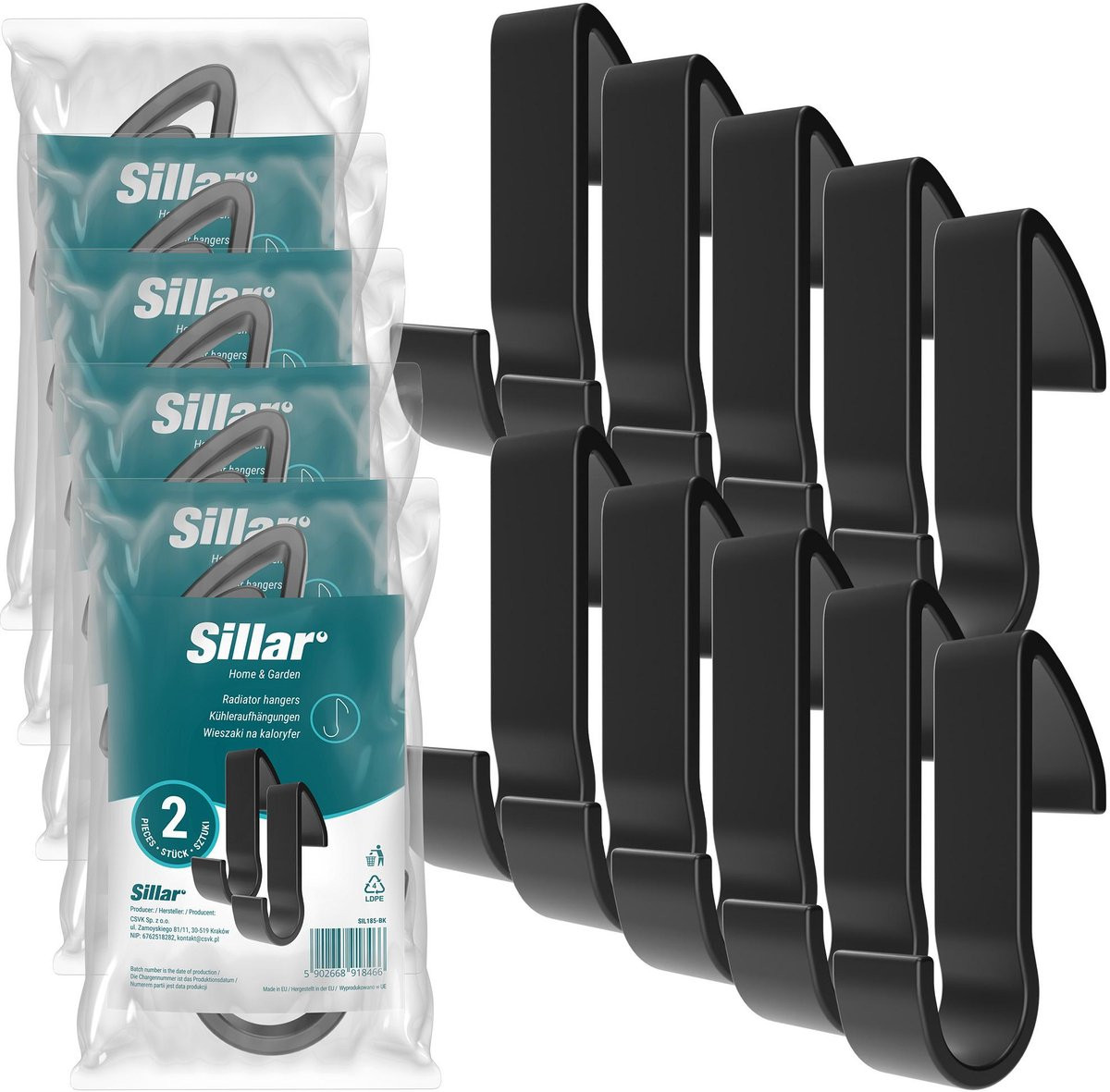 Sillar Set van 10 Badkamer Handgrepen en Radiatorhangers, Kunststof, Zwart, 95mm