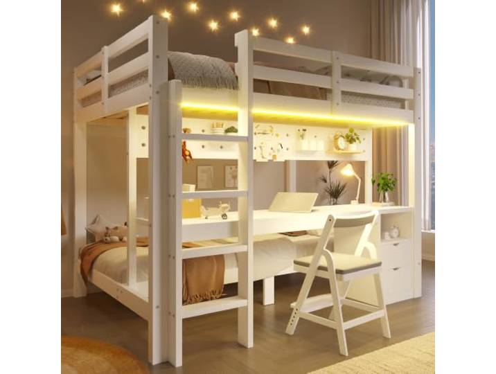 BXEYXE Hochbett, 90x200 cm und 140x200 cm, Kiefernholz, mit Schubladen und Schreibtisch, ausgestattet mit Lochplatten-Hängevorrichtung, inklusive LED-Lichtleiste, ohne Matratze
