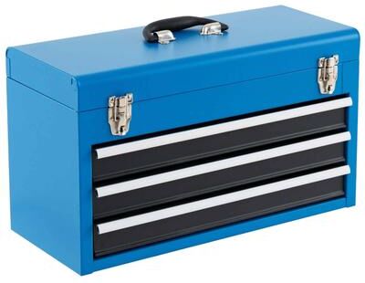 Portable metal heavy-duty toolbox w/ 3 drawers designed to be lockable