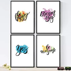 POSTER Set mit 4 glücklich und bunt ‚Happy‘ A3 Schwarzer Rahmen