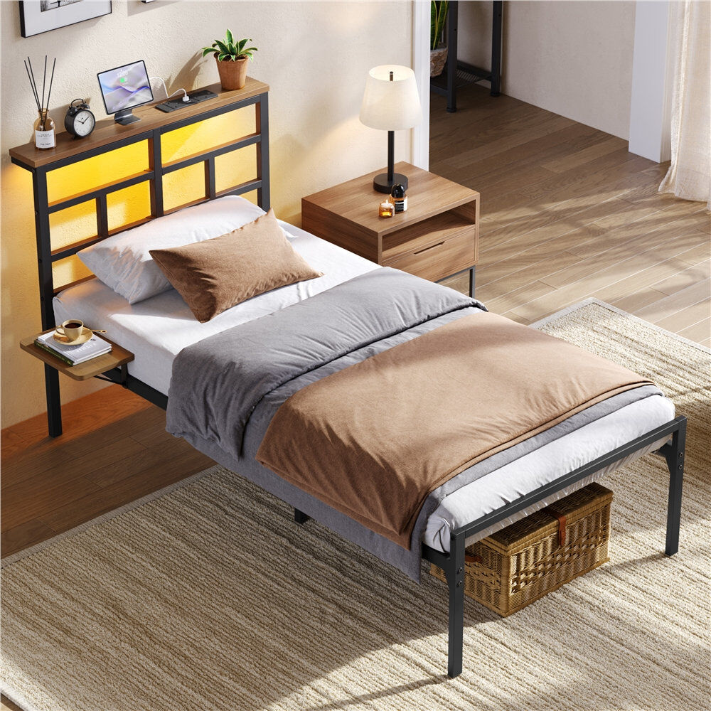 Metro Metal Bed Frame with Charging Station & LED Headboard & Movable Storage Rack Black Single (3')