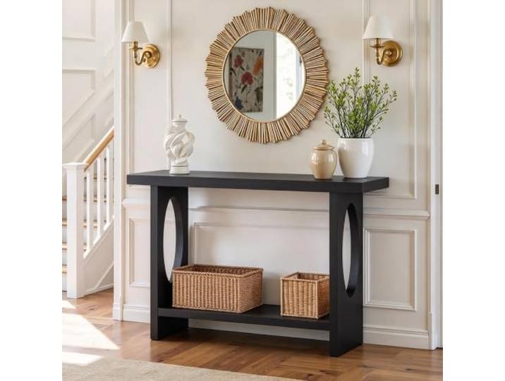 Massivholz Konsolentisch mit Regal für Eingang Wohnzimmer Flur Zuhause Sofatisch Doppelte Aufbewahrung Naturholz für Kleine Wohnung Flur Schlafzimmer(Black,100cm/39.3in)
