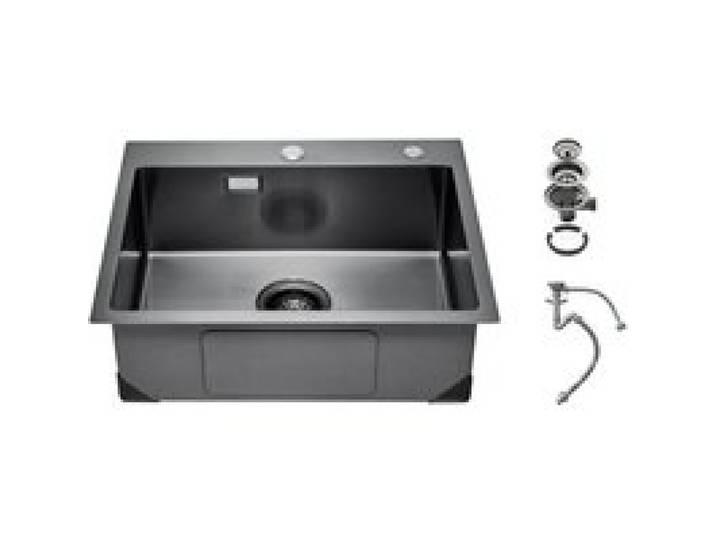 VEVOR Évier de cuisine 68 cm, évier à montage par le haut en acier inox 304, évier à poser à encastrer cuve simple avec accessoires, évier de lave-vaisselle ménager pour camping-car cuisine bar, noir
