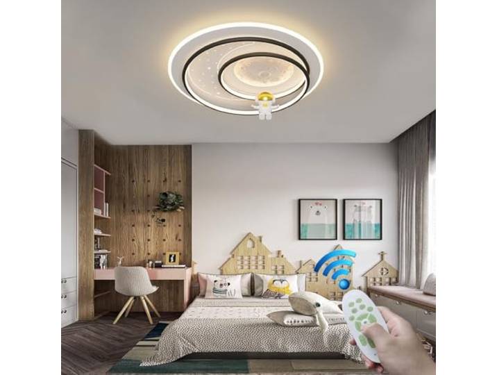 Stesulfr Restaurant Deckenlampe einfache nordische Stil Ring Deckenlampe dimmbar Cartoon Astronaut Form Kronleuchter LED moderne Schlafzimmerbeleuchtung mit Fernbedienung Babyzimmer Küche(Black)