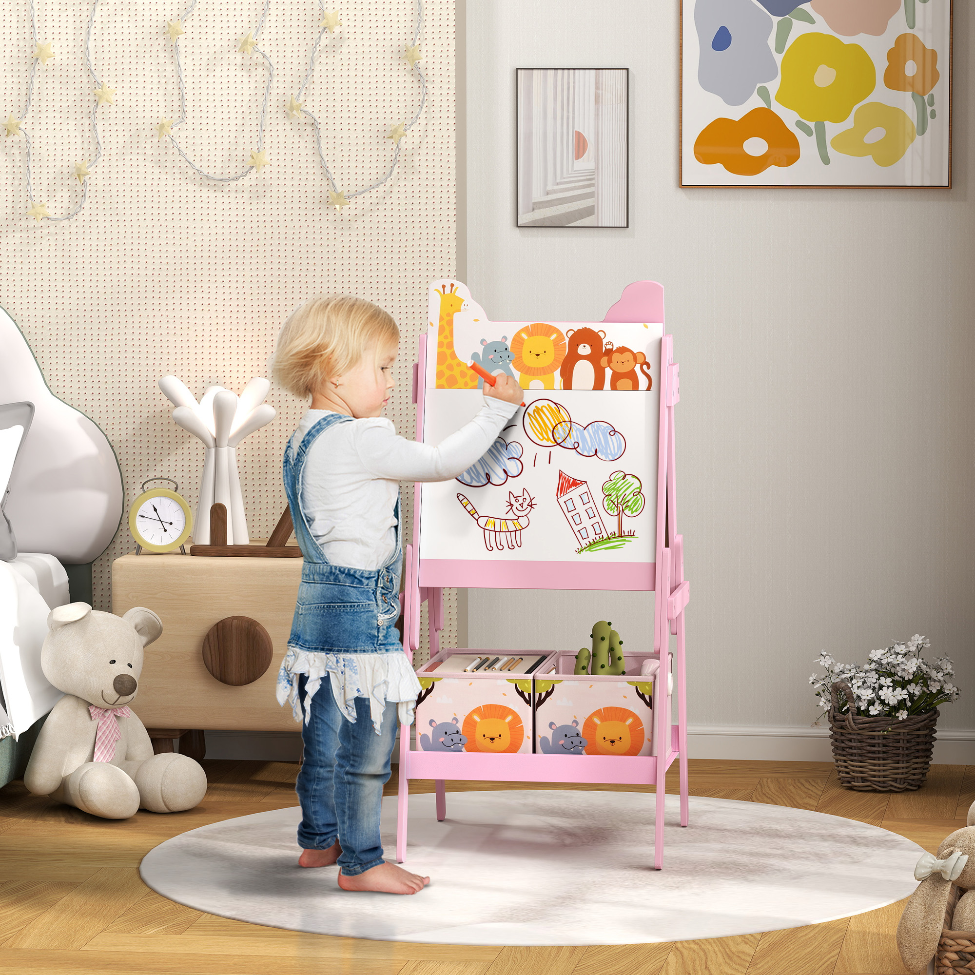 Aiyaplay Cavalletto Artistico per Bambini 3-8 Anni con Lavagna a 2 Lati e 2 Cestini Contenitori, in Legno, 53.5x49x113 cm, Rosa