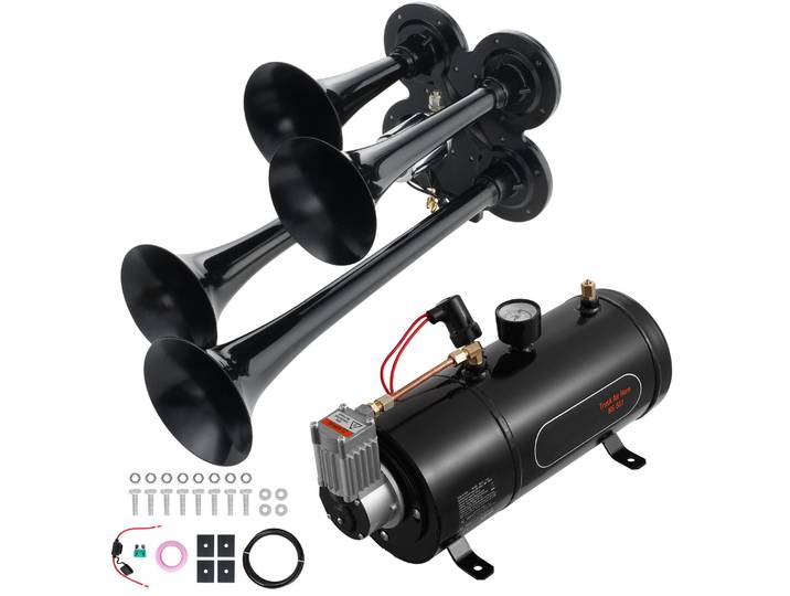Kit de cornes de train SucceBuy, kit de klaxon à air à 4 trompettes, klaxons de train de 150 dB pour camions pick-up Compresseur d'air 12 V 120 psi pour train de camion