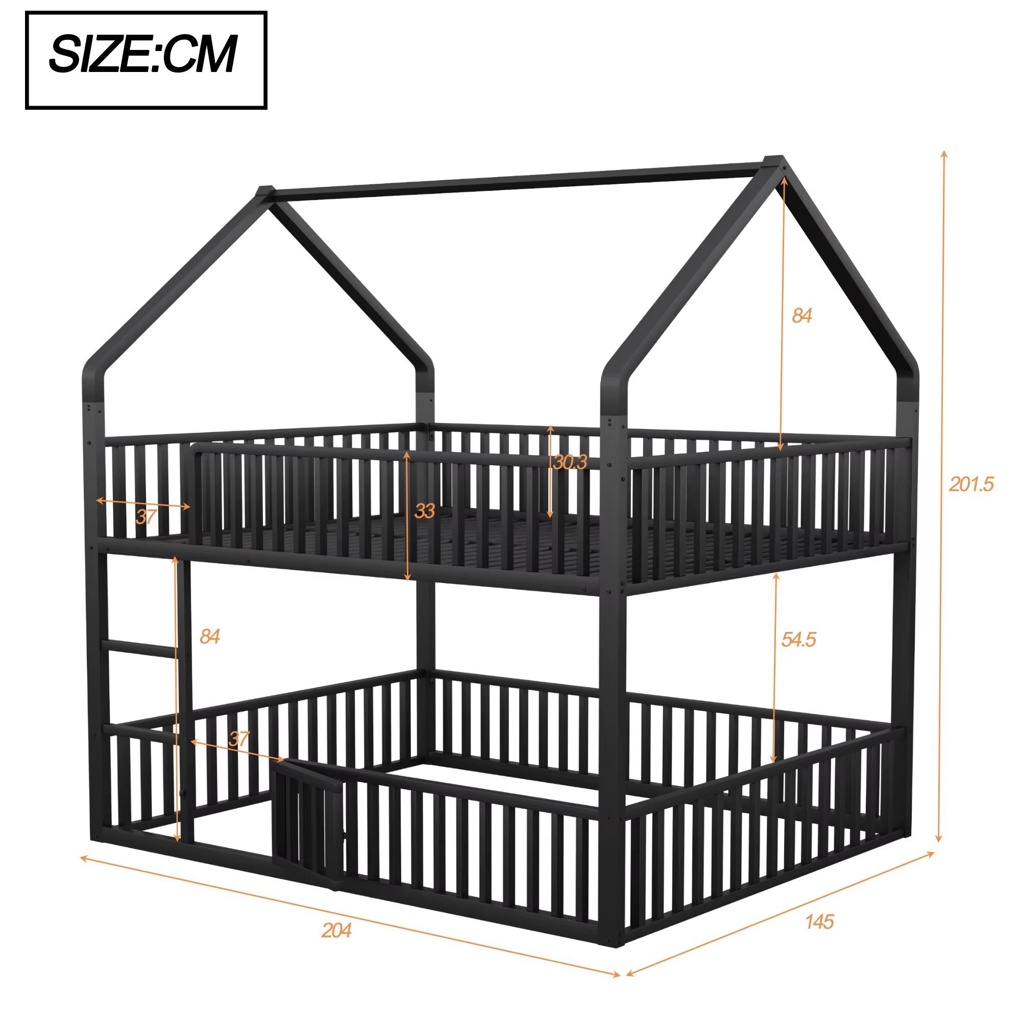 Metall-Hochbett - Kinder-Etagenbett - Treppe - Unteres Bett mit zu öffnender Tür - 140 x 200 cm - Schwarz