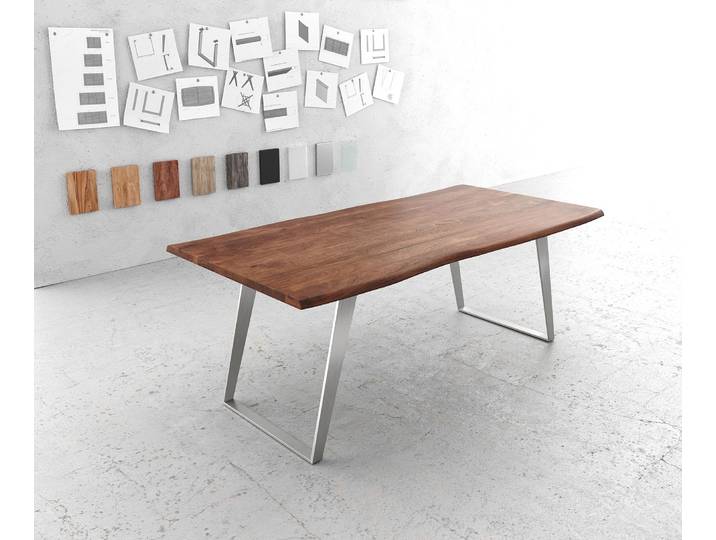 Esstisch Edge 200x100cm Akazie Braun Edelstahl Silber schräg Live-Edge, Esstische, Baumkantenmöbel, Massivholzmöbel, Massivholz