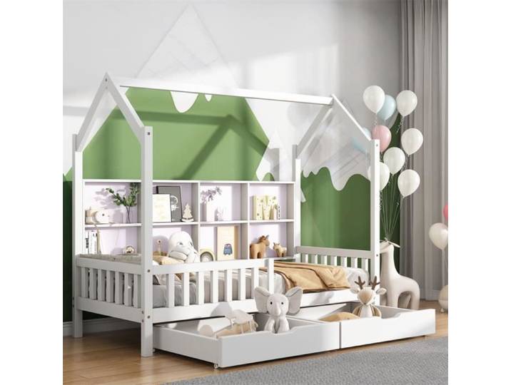 Dripex Lit Maison 90x200CM Lit Enfant avec bibliothèque cabinet étagère de rangement et deux tiroirs Blanc